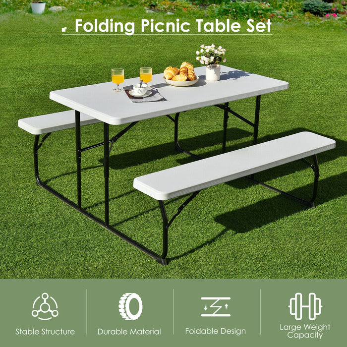 Indoor and Outdoor Folding Picnic Table Bench Set with Wood-like Texture-White