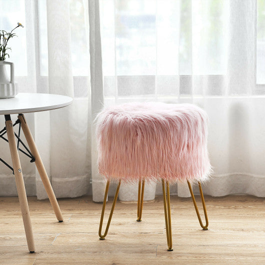 Faux Fur Vanity Stool Chair with Metal Legs for Bedroom and Living Room-Pink