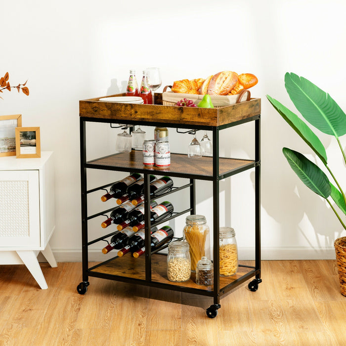 3-Tier Wood Rolling Kitchen Serving Cart with 9 Wine Bottles Rack Metal Frame-Rustic Brown