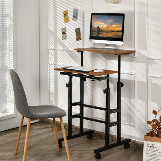 Height Adjustable Mobile Standing Desk with rolling wheels for office and home-Walnut