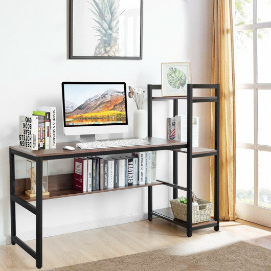 59-Inch Computer Desk Home Office Workstation 4-Tier Storage Shelves-Walnut