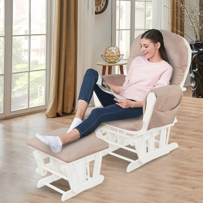 Wood Glider and Ottoman Set with Padded Armrests and Detachable Cushion-Pink