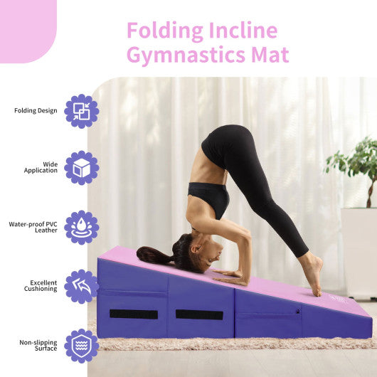 Folding Wedge Exercise Gymnastics Mat with Handles-Purple