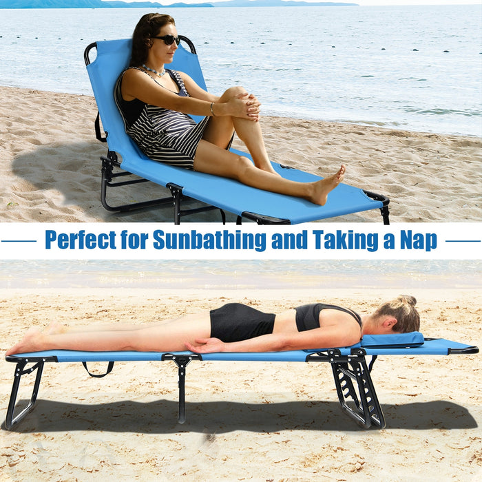 Outdoor Folding Chaise Beach Pool Patio Lounge Chair Bed with Adjustable Back and Hole-Blue