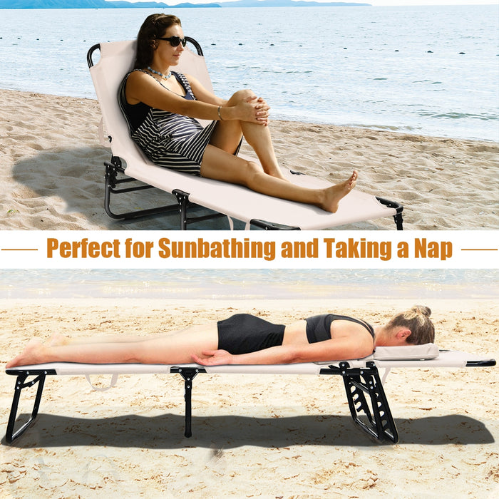 Outdoor Folding Chaise Beach Pool Patio Lounge Chair Bed with Adjustable Back and Hole-Beige