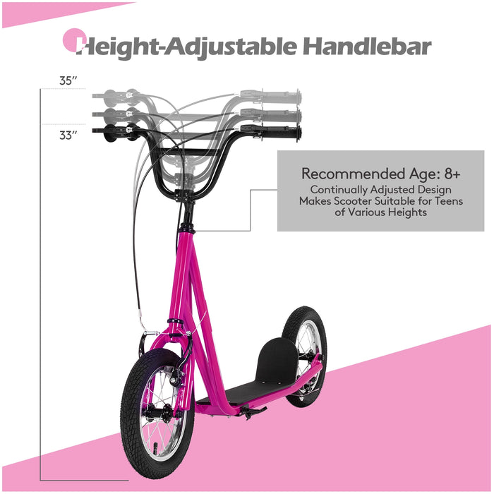 Height Adjustable Kid Kick Scooter with 12 Inch Air Filled Wheel-Pink