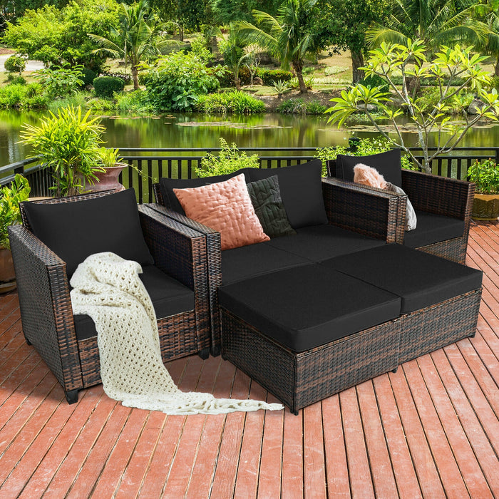 5 Pieces Patio Cushioned Rattan Furniture Set-Black