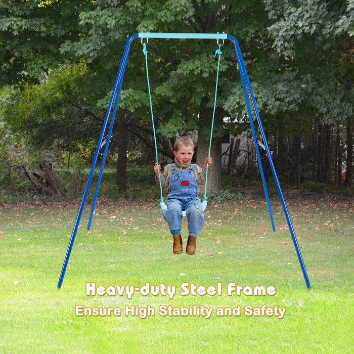 Outdoor Kids Swing Set with Heavy-Duty Metal A-Frame and Ground Stakes-Blue