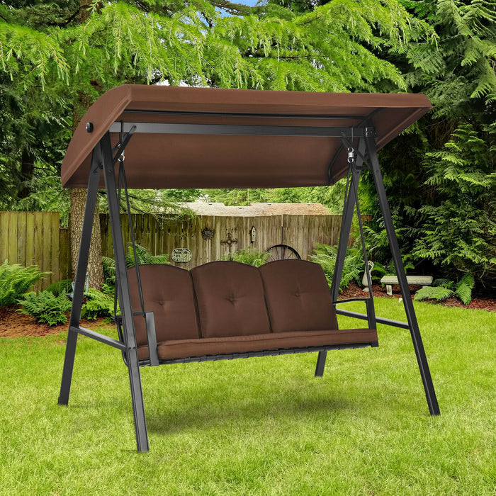 Outdoor 3-Seat Porch Swing with Adjust Canopy and Cushions-Coffee