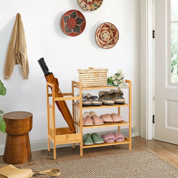 4-Tier Bamboo Shoe Rack Organiser with Umbrella Holder-Natural