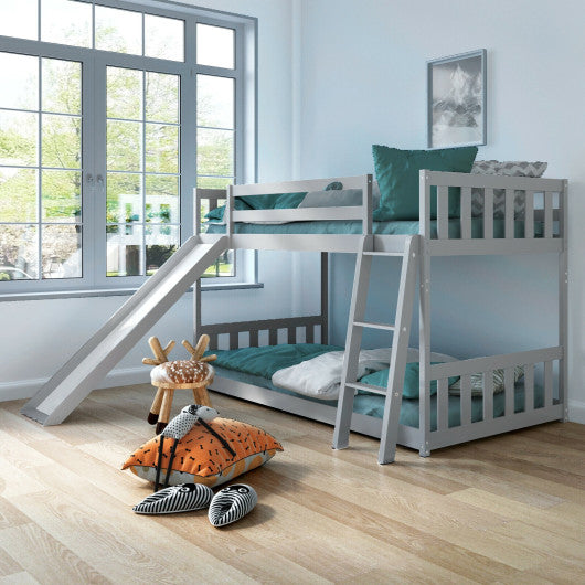 Twin over Twin Bunk Wooden Low Bed with Slide Ladder for Kids-Gray