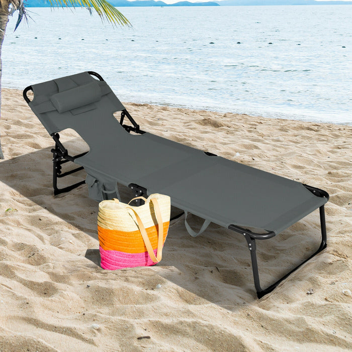 Folding Beach Lounge Chair with Pillow for Outdoor-Gray