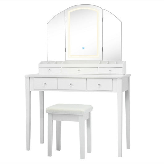 Vanity Table Stool Set with Large Tri-folding Lighted Mirror-White