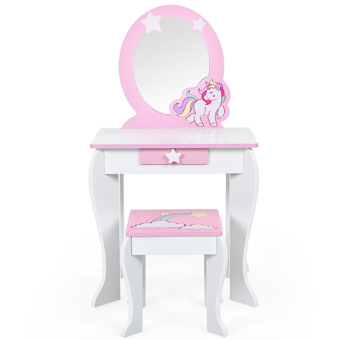 Kids Wooden Makeup Dressing Table and Chair Set with Mirror and Drawer-White