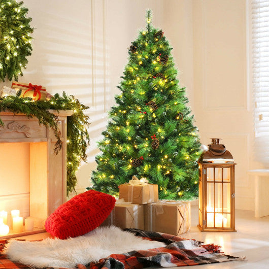 Pre-lit Hinged Christmas Tree with Pine Cones and Red Berries-7'