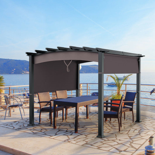 10 x 10 Feet Outdoor Retractable Pergola with Adjustable Sliding Sun Shade Canopy-Brown