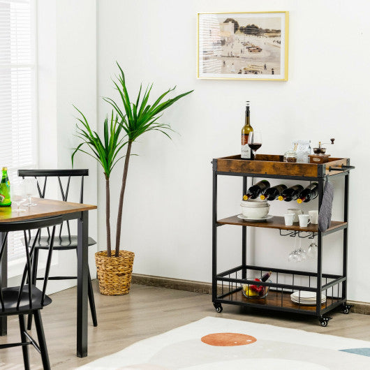 3-Tier Rolling Kitchen Bar Cart with Wine Rack-Rustic Brown