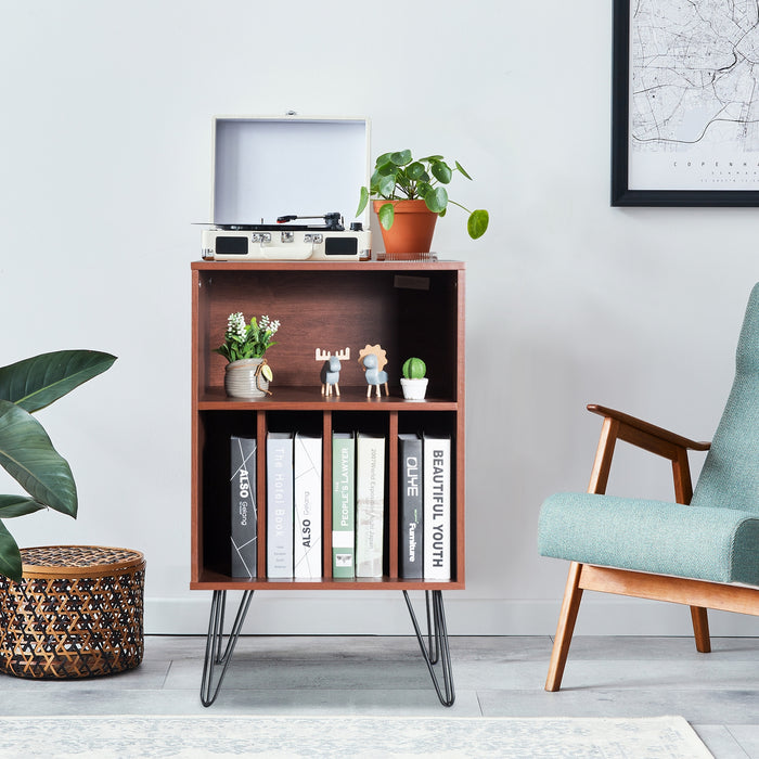 Freestanding Record Player Stand Storage Cabinet with Metal Legs-Coffee