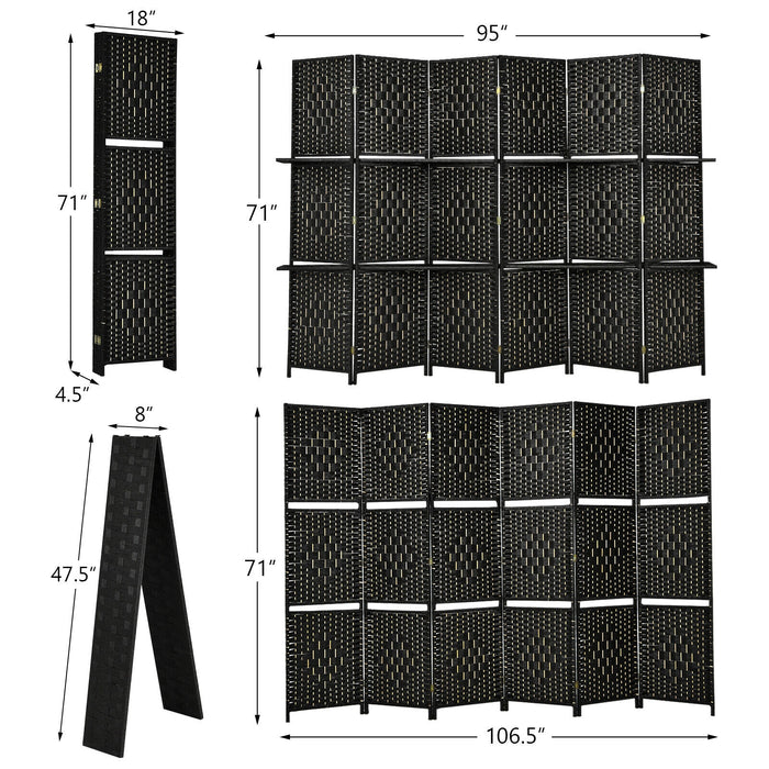 6 Panel Folding Weave Fiber Room Divider with 2 Display Shelves -Black