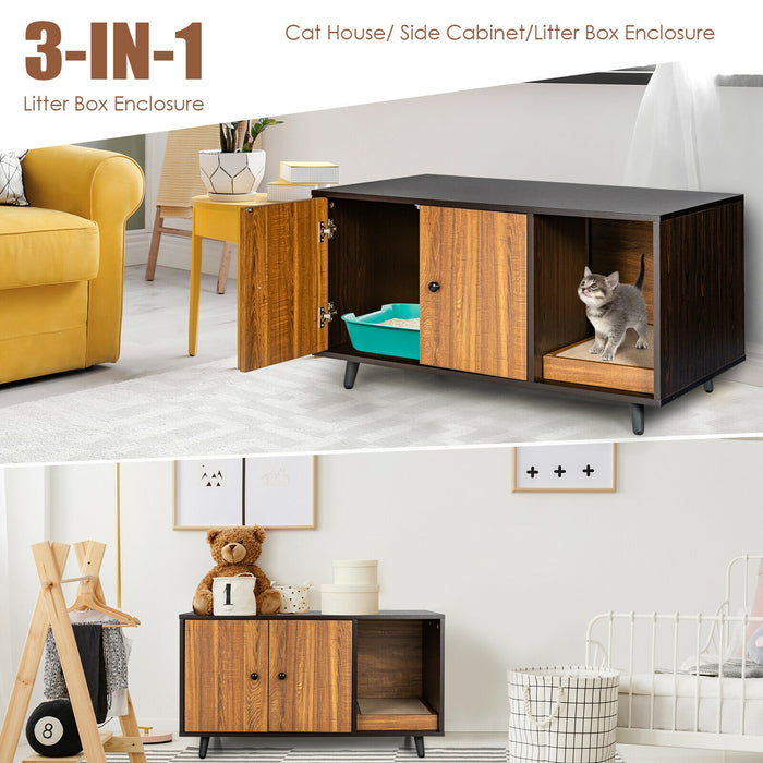 Cat Litter Box Enclosure with Divider and Double Doors-Coffee