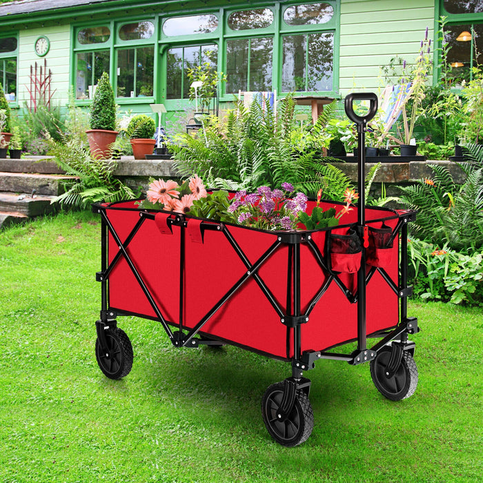 Outdoor Folding Wagon Cart with Adjustable Handle and Universal Wheels-Red