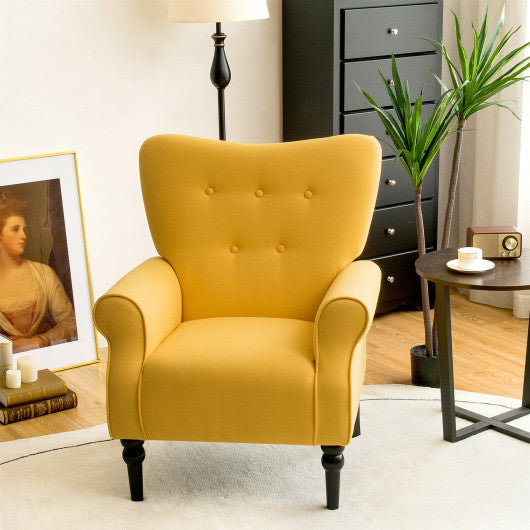 Modern Accent Chair with Tufted Backrest and Rubber Wood Avocado Legs-Yellow