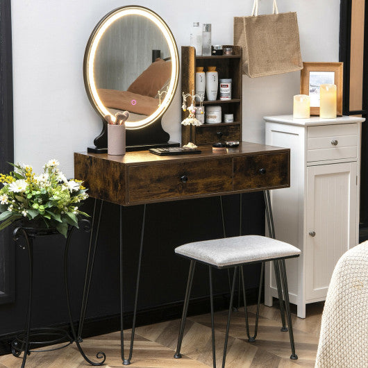 Vanity Table Set with Lighted Mirror and Cushion Stool-Brown