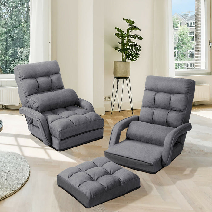 Folding Lazy Floor Chair Sofa with Armrests and Pillow-Gray