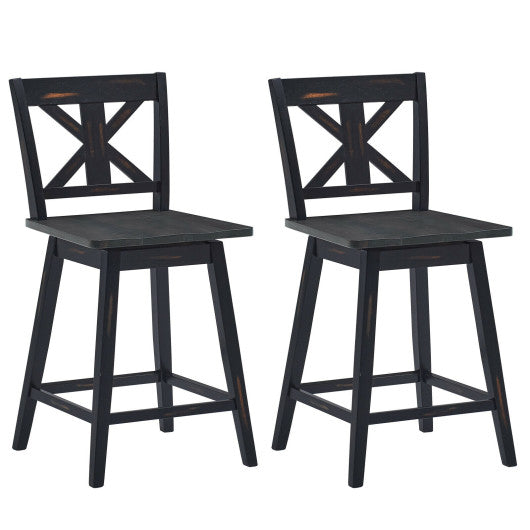 Set of 2 Swivel Counter Height Bar Stools with Solid Wood Legs-Black