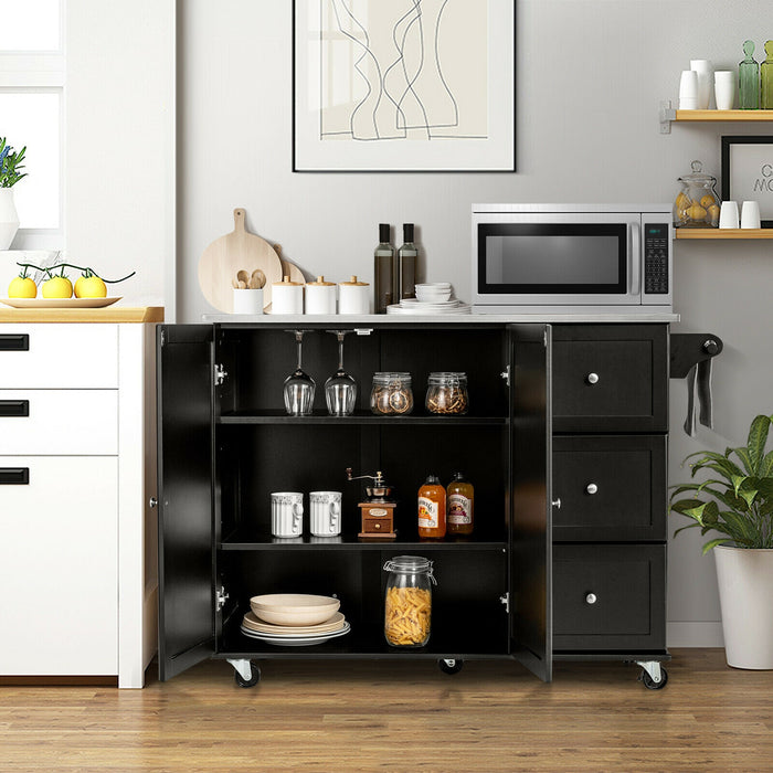 Rolling Kitchen Island with Stainless Steel Countertop and 3 Drawers-Black