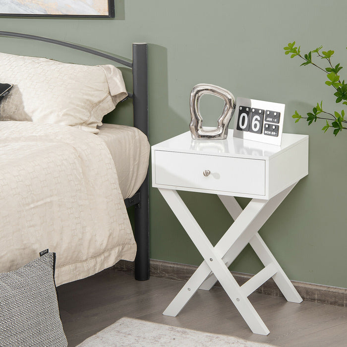 Modern X-Shaped Nightstand with Drawer for Living Room Bedroom-White