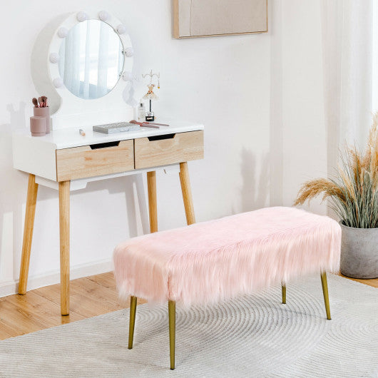 Upholstered Faux Fur Vanity Stool with Golden Legs for Makeup Room-Pink