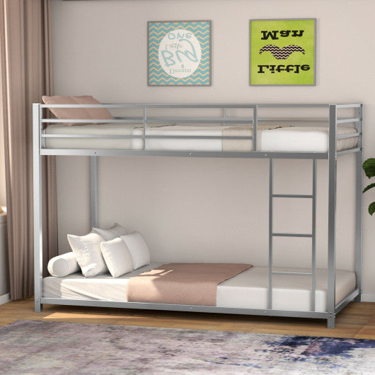 Sturdy Metal Bunk Bed Frame Twin Over Twin with Safety Guard Rails and Side Ladder-Silver