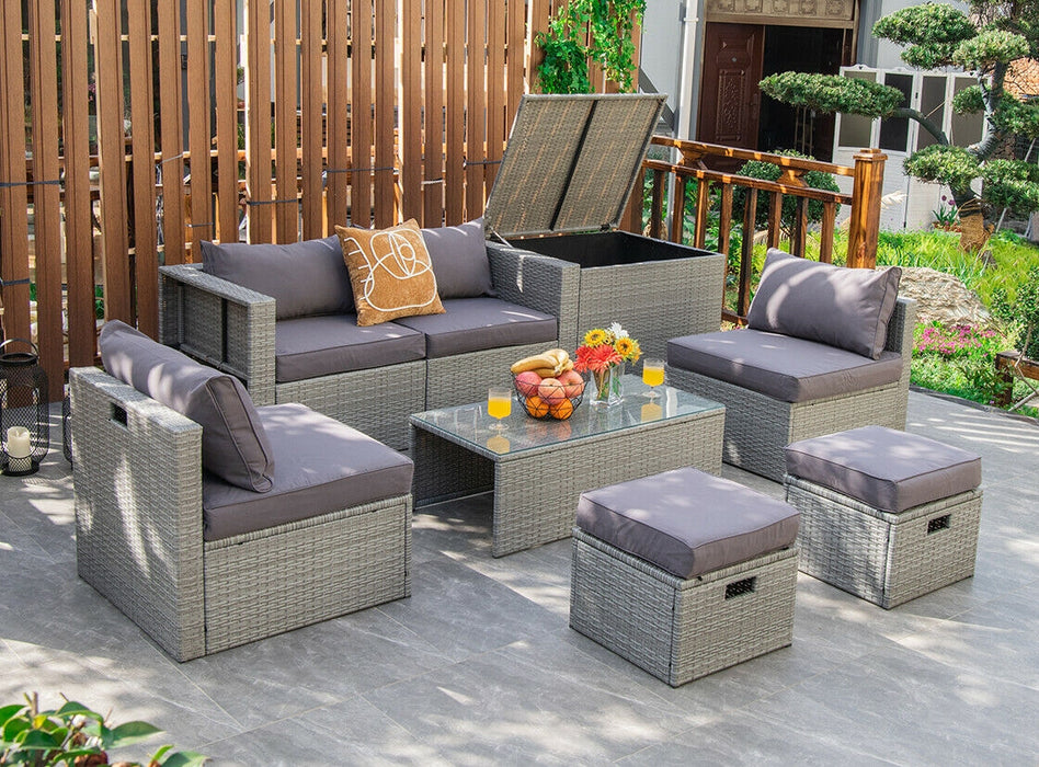 8 Pieces Patio Rattan Furniture Set with Storage Waterproof Cover and Cushion-Gray