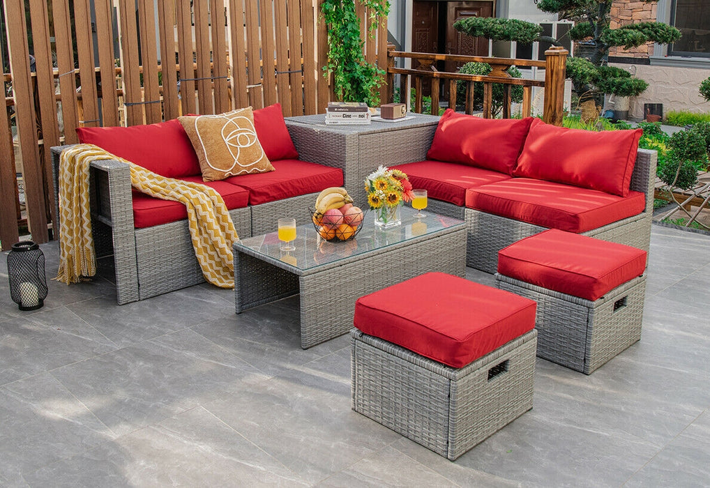 8 Pieces Patio Rattan Furniture Set with Storage Waterproof Cover and Cushion-Red