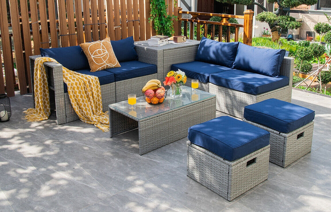 8 Pieces Patio Rattan Furniture Set with Storage Waterproof Cover and Cushion-Navy