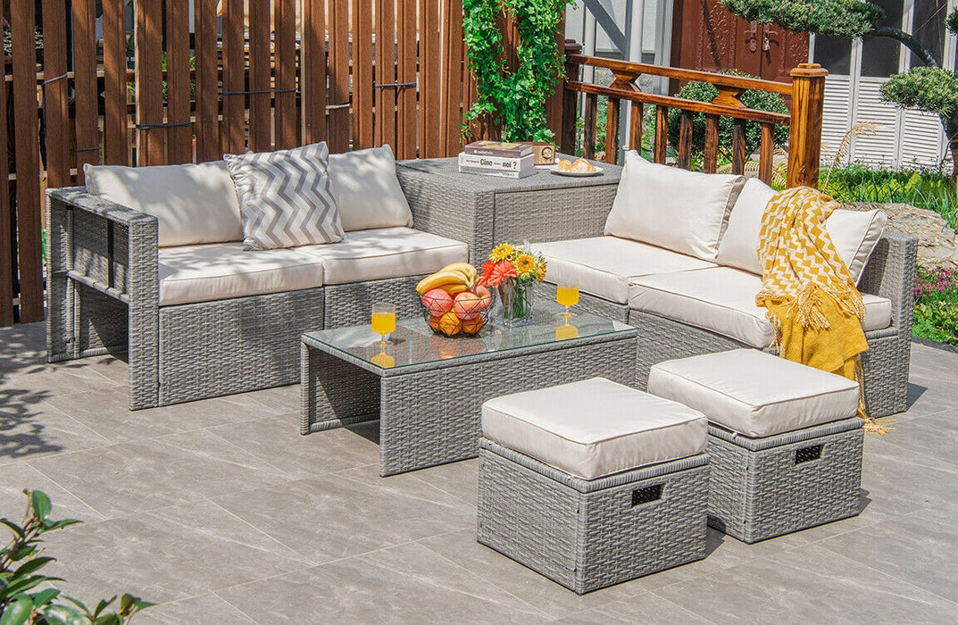 8 Pieces Patio Rattan Furniture Set with Storage Waterproof Cover and Cushion-Off White