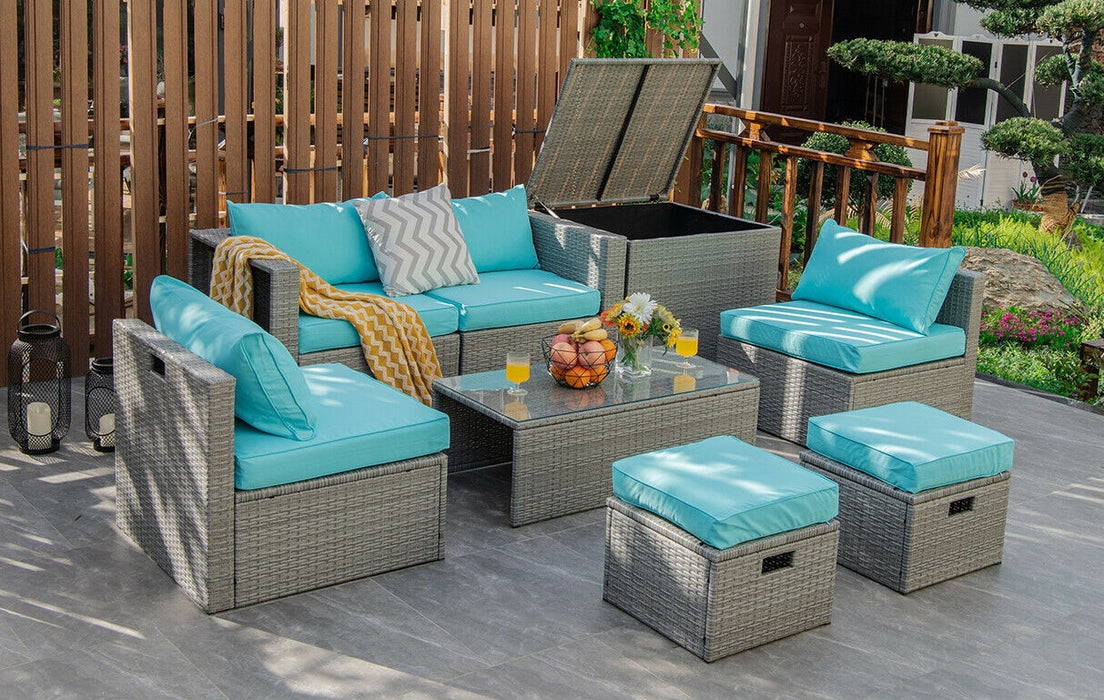 8 Pieces Patio Rattan Furniture Set with Storage Waterproof Cover and Cushion-Turquoise