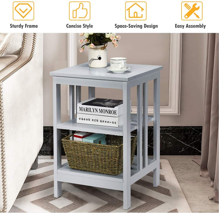 2 Pieces 3-Tier Nightstand with Reinforced Bars and Stable Structure-Gray