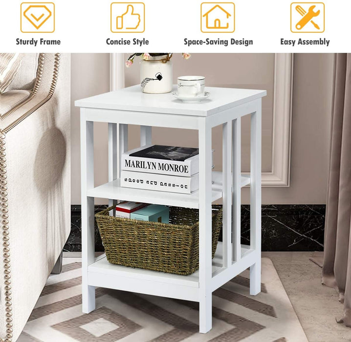 2 Pieces 3-Tier Nightstand with Reinforced Bars and Stable Structure-White