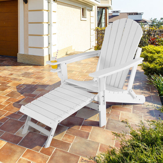 Patio All-Weather Folding Adirondack Chair with Pull-Out Ottoman-White