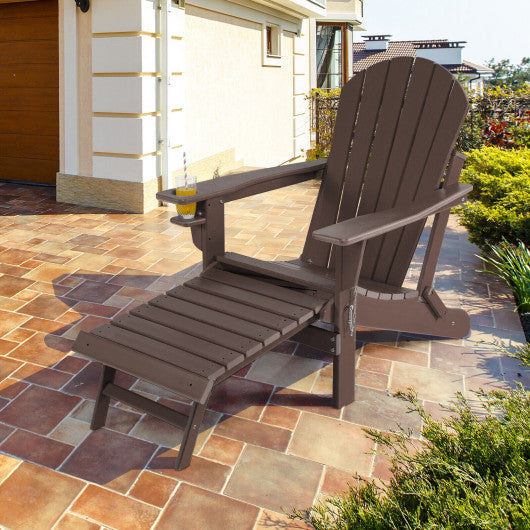 Patio All-Weather Folding Adirondack Chair with Pull-Out Ottoman-Brown