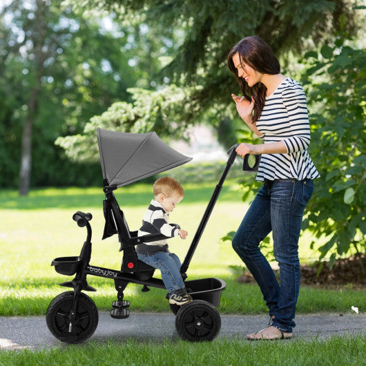 4-in-1 Reversible Toddler Tricycle with Height Adjustable Push Handle-Gray