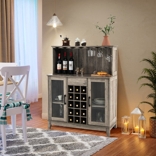 Storage Bar Cabinet with Framed Tempered Glass Door-Gray