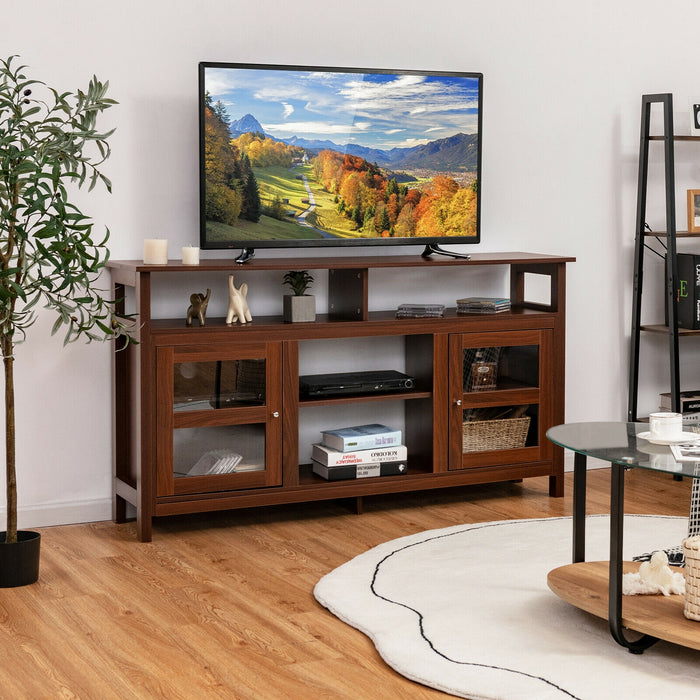 58 Inch TV Stand Console Center with 2 Cabinets and Open Shelf-Walnut