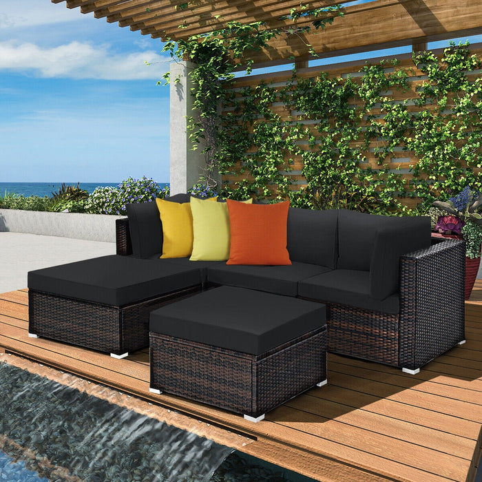 5 Pieces Patio Sectional Rattan Furniture Set with Ottoman Table-Black