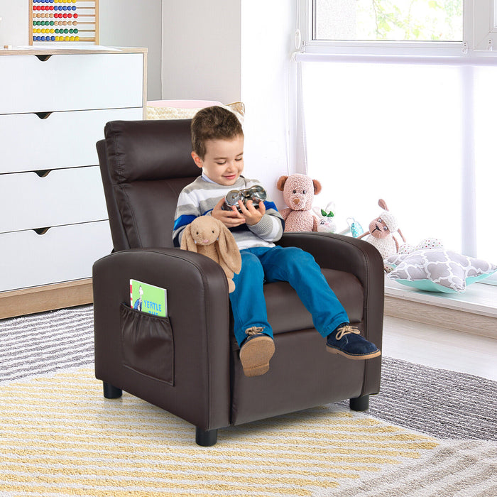 Ergonomic PU Leather Kids Recliner Lounge Sofa for 3-12 Age Group-Brown