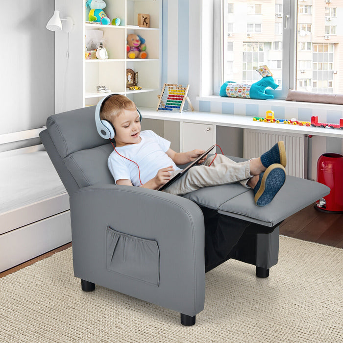 Ergonomic PU Leather Kids Recliner Lounge Sofa for 3-12 Age Group-Gray