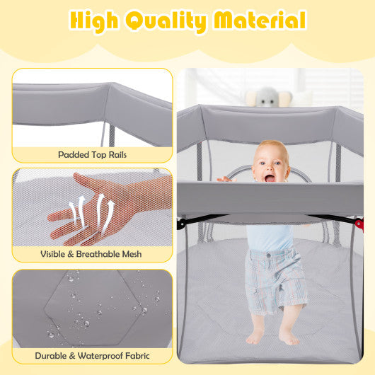 53 Inch Outdoor Baby Playpen with Canopy and Carrying Bag Portable Play Yard Toddlers-Gray