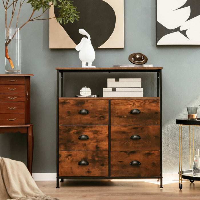 2-Tier Storage Chest with Wooden Top and 6 Fabric Drawers-Rustic Brown